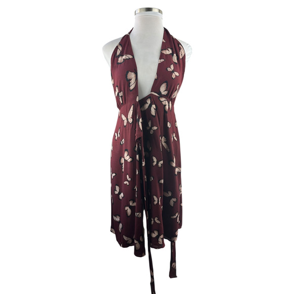 Reformation Johnson Dress Wrap Halter Tie Butterfly Print Burgundy Women's Large - Picture 3 of 15